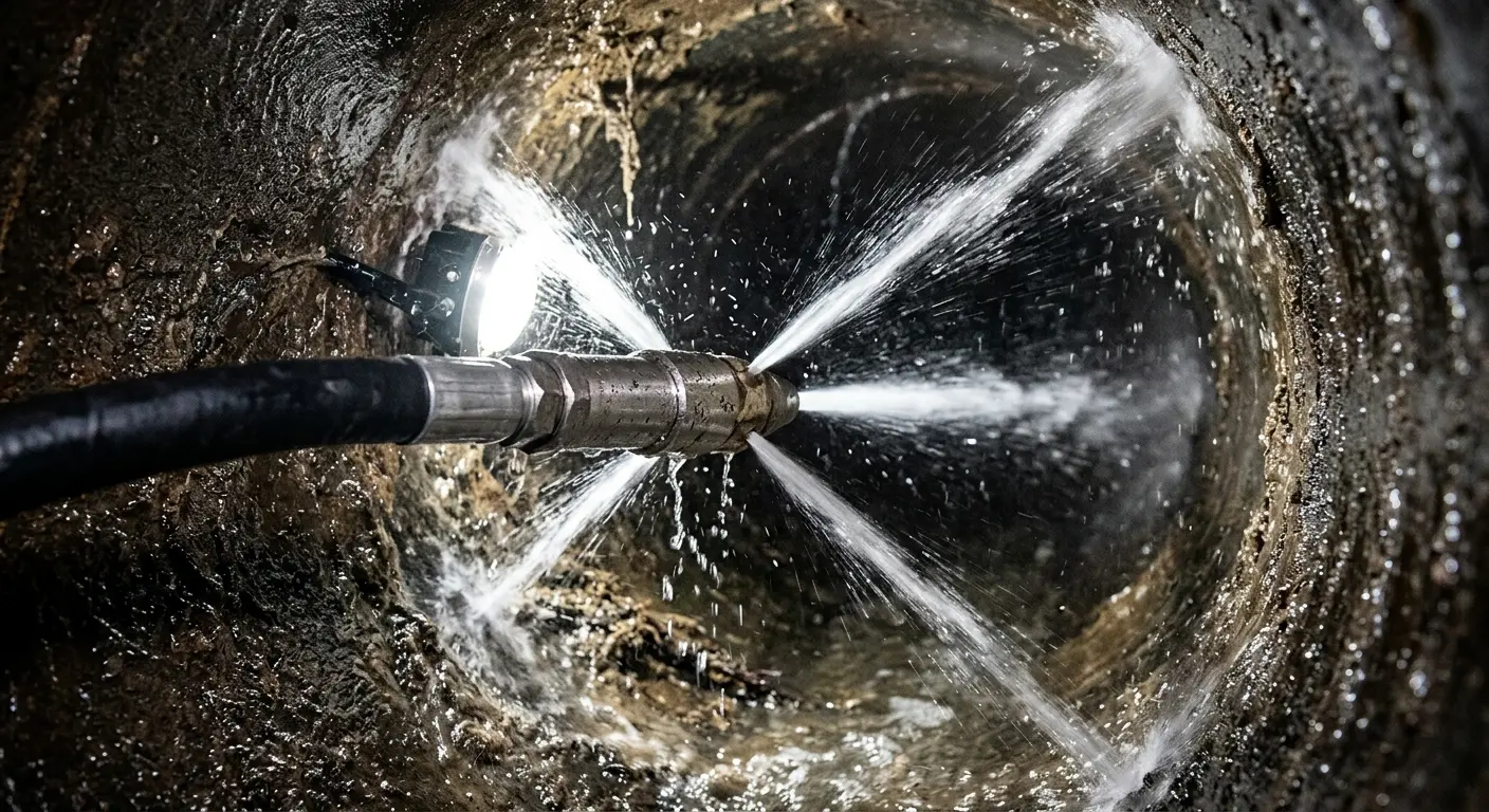 High-pressure hydro jetting nozzle cleaning sewer pipe for Trenchless Sewer Repair in Westwood