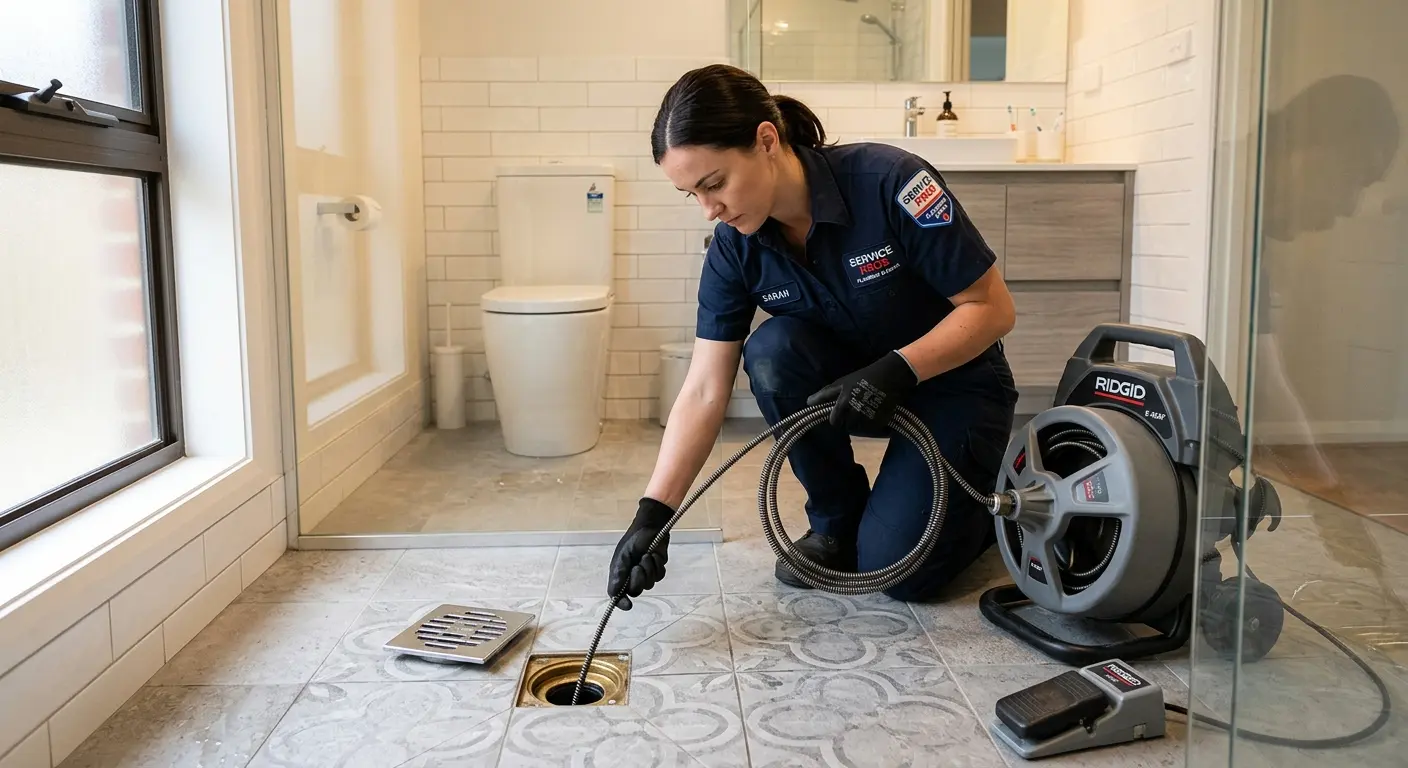 Technician clearing a bathroom floor drain for Clogged Drain Repair in Westwood